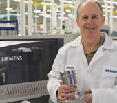 Radar product manager at Siemens’ Milltronics factory in Canada, Tim Little, pictured holding the new 78 GHz device